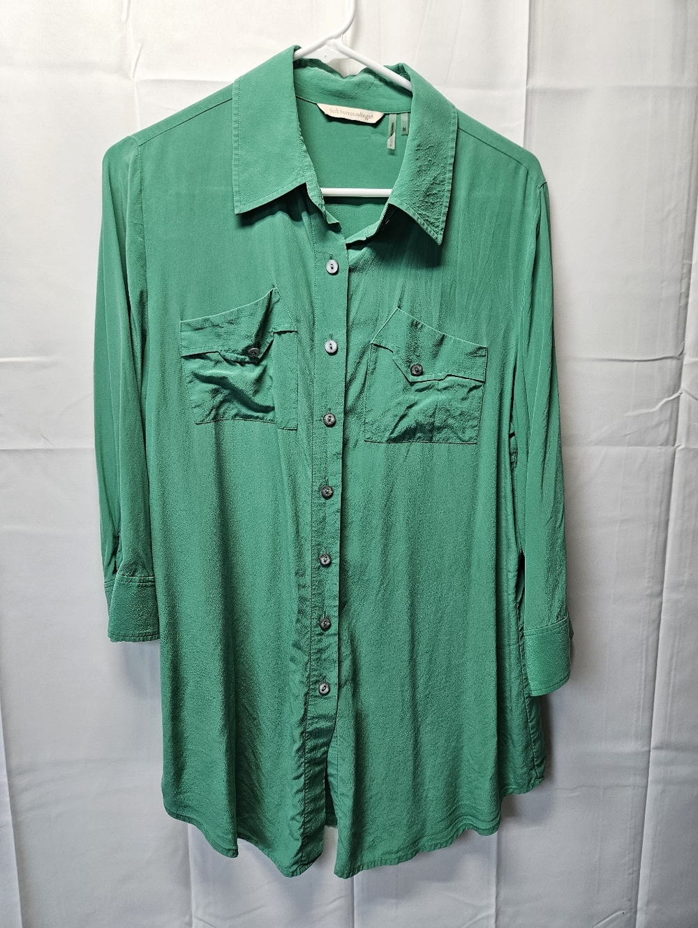 Soft Surroundins Silk Green Button-Up Shirt - Lightweight Collared Top